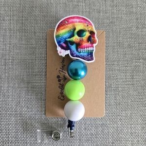 Skull Skeleton Colorful Pink Gothic Retractable Name Badge ID Reel Holder